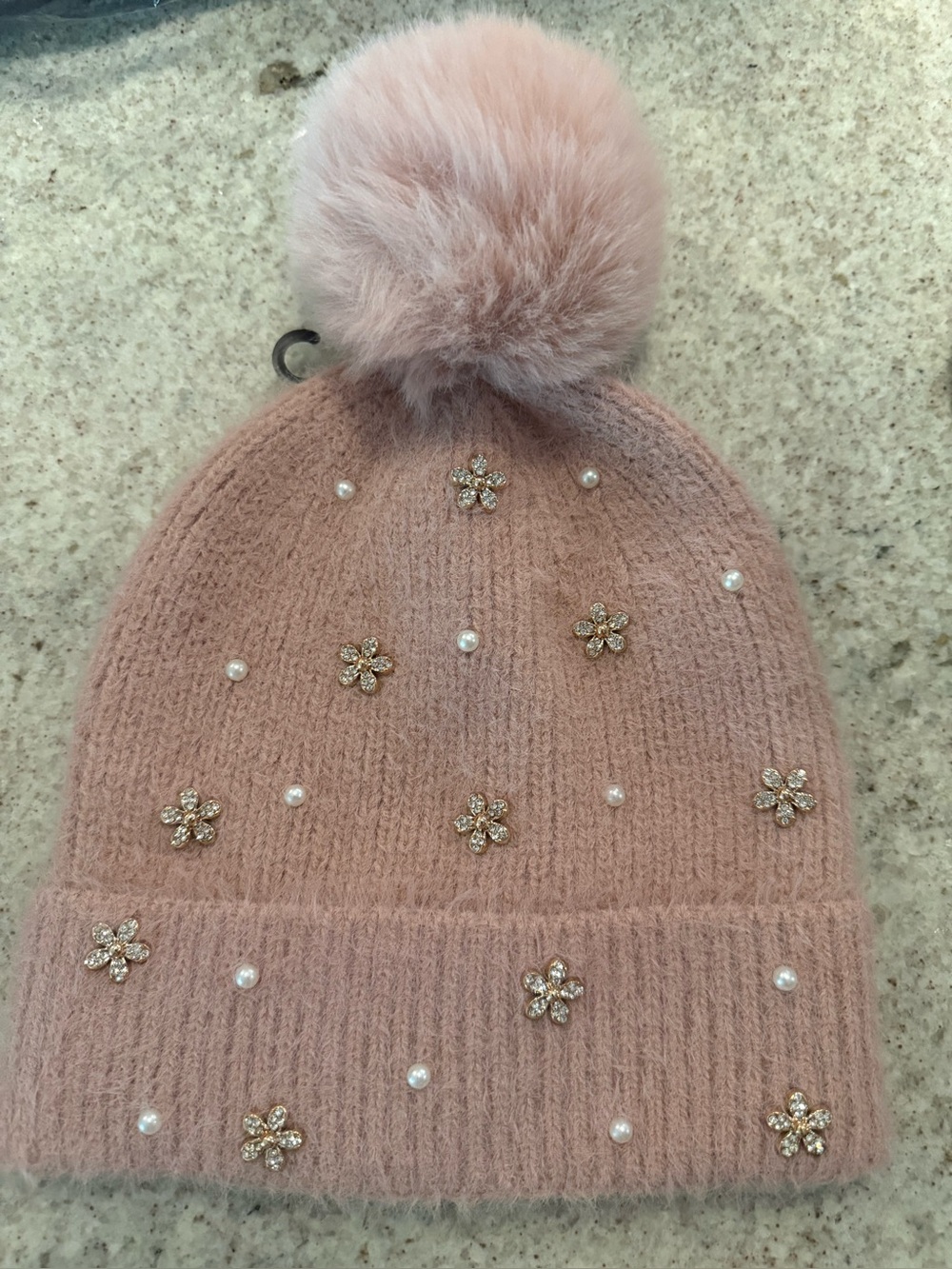 Sparkle Flower Pink Pom-Pom Beanie